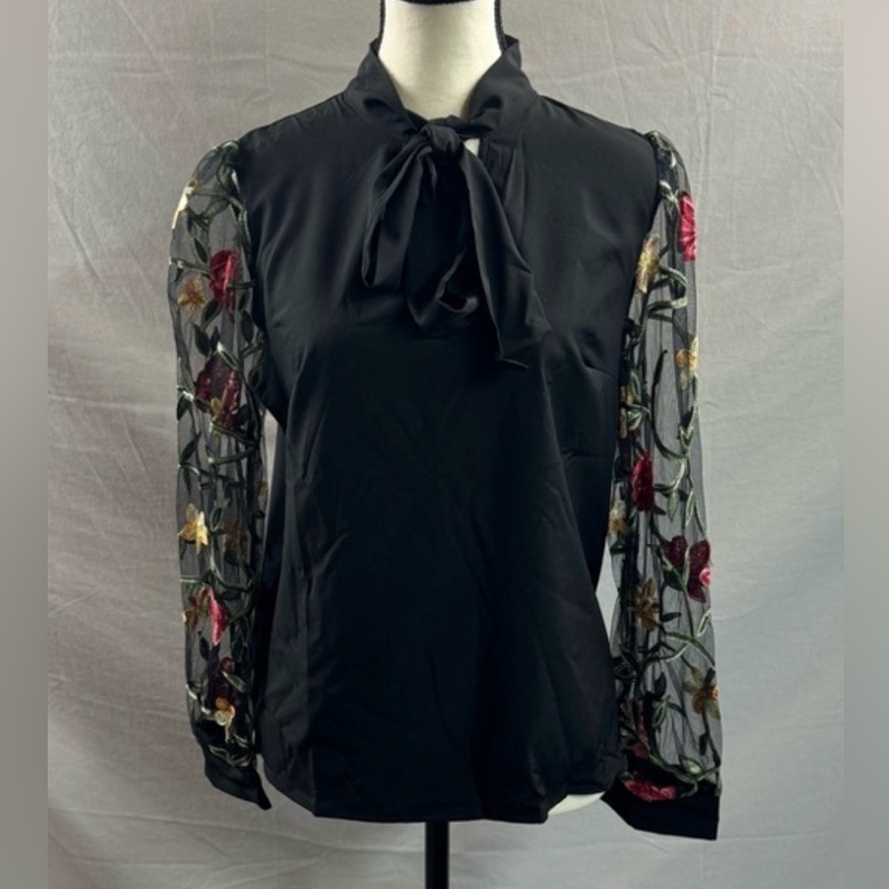 Floral Embroidery Mesh Sleeve Tie Neck Blouse Black